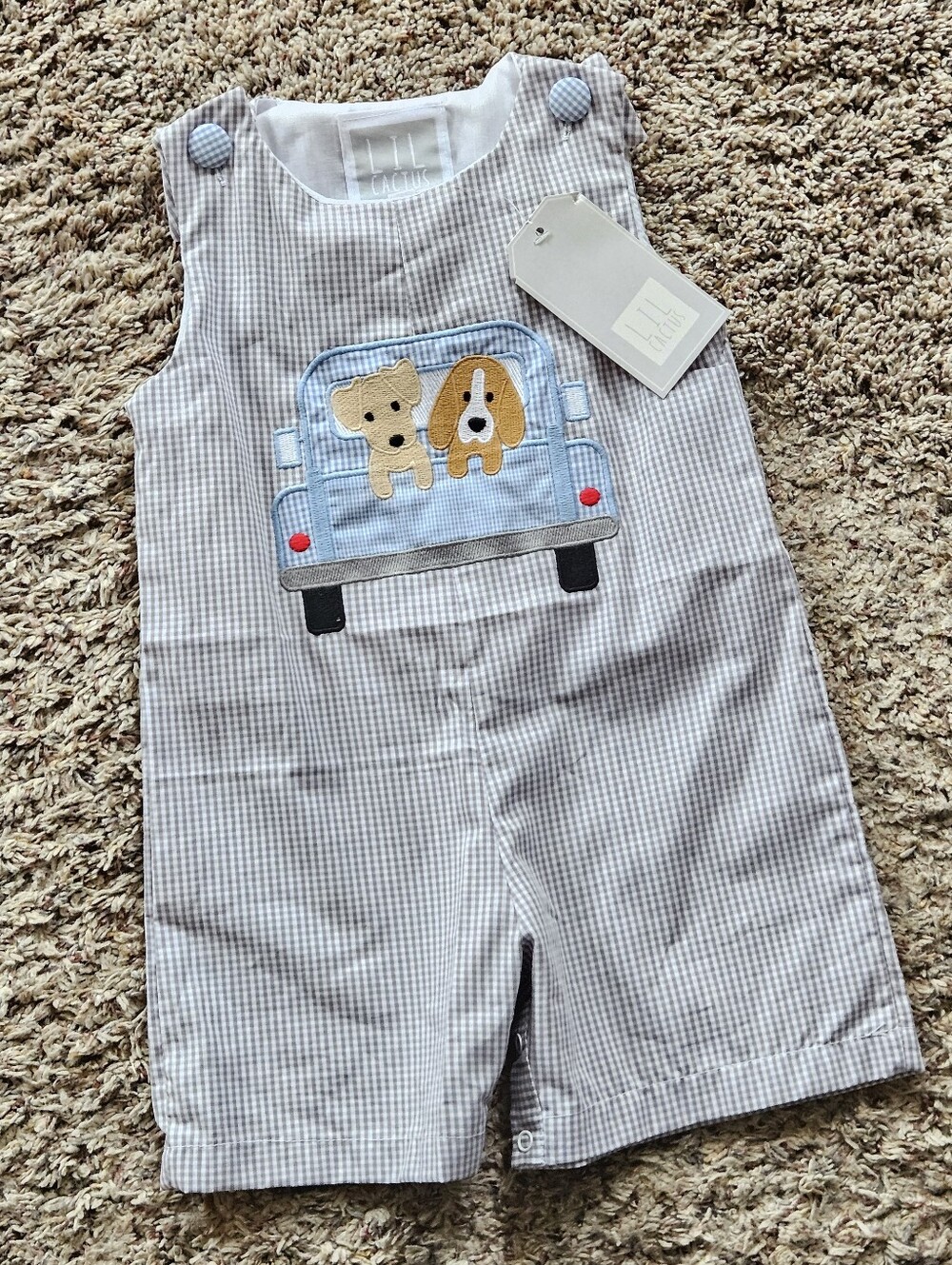 Lil Cactus 12-18M Grey Puppies In Truck Gingham Shortalls